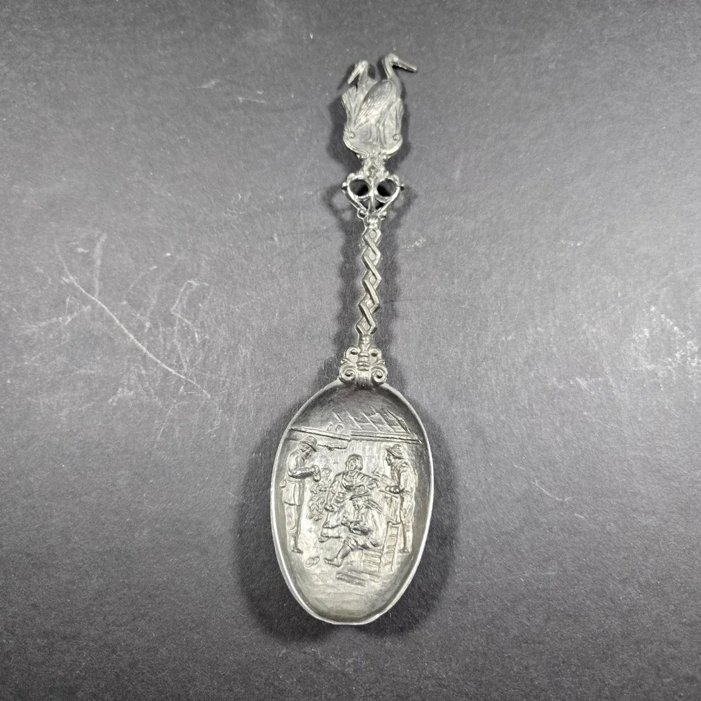 Caddy Spoon Silver Tavern Scene Stork Finial Vintage Style